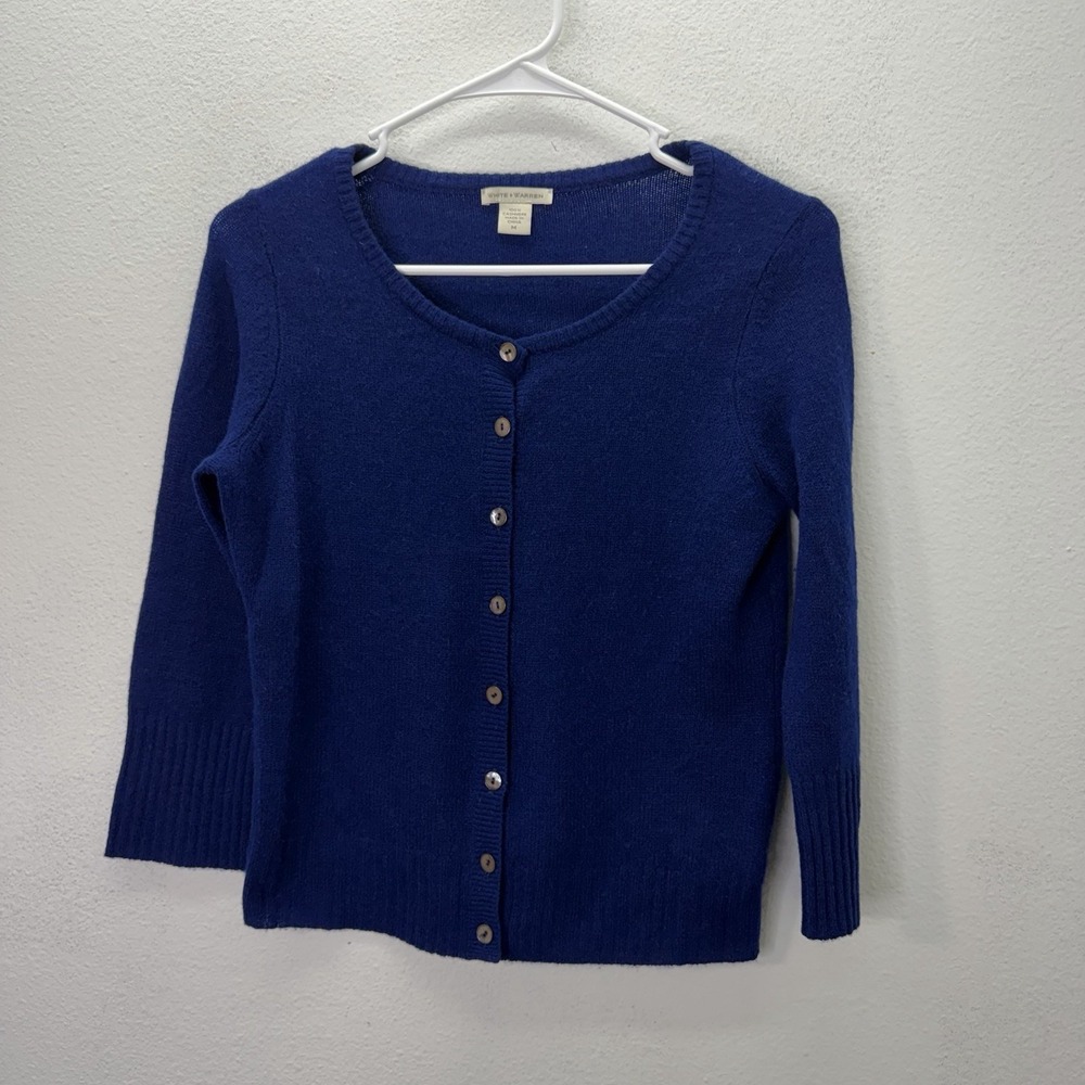 White + Warren Sweater 100% Cashmere Cardigan Blue Size M Preppy Cropped Luxury